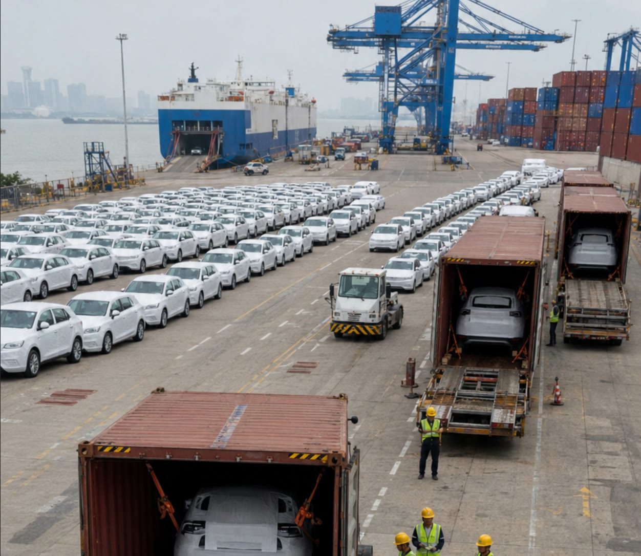 Twenty BYD Dolphin electric vehicles staged at a Chinese export port for delivery to Ethiopia