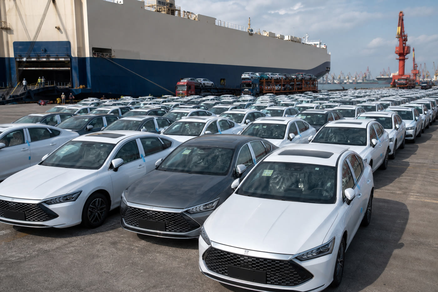 Large batch of BYD Qin Plus sedans staged beside a roll-on roll-off ship for an Iraq order